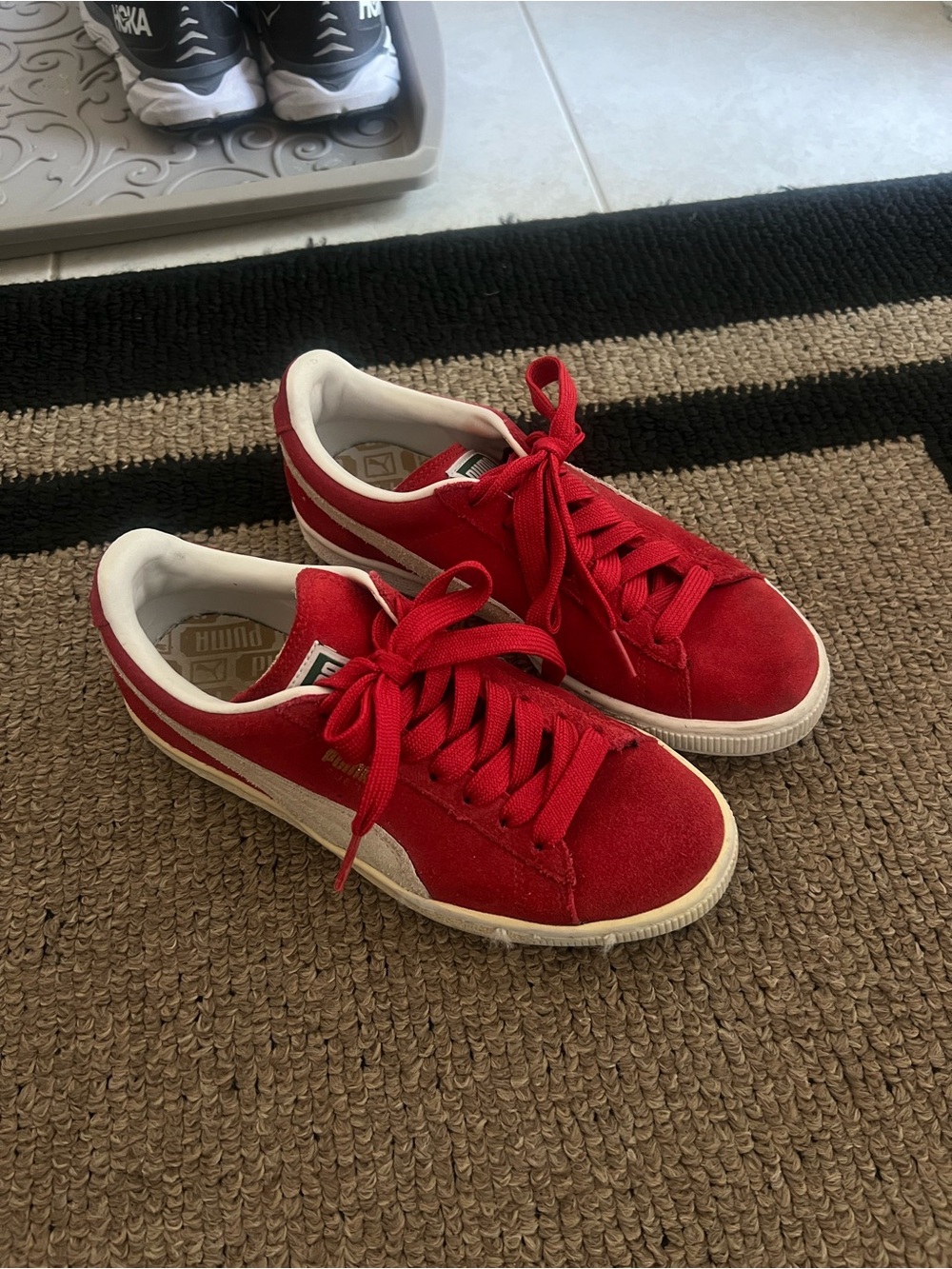 Puma Women’s Red Suede Low-Top Sneakers with White Stripe